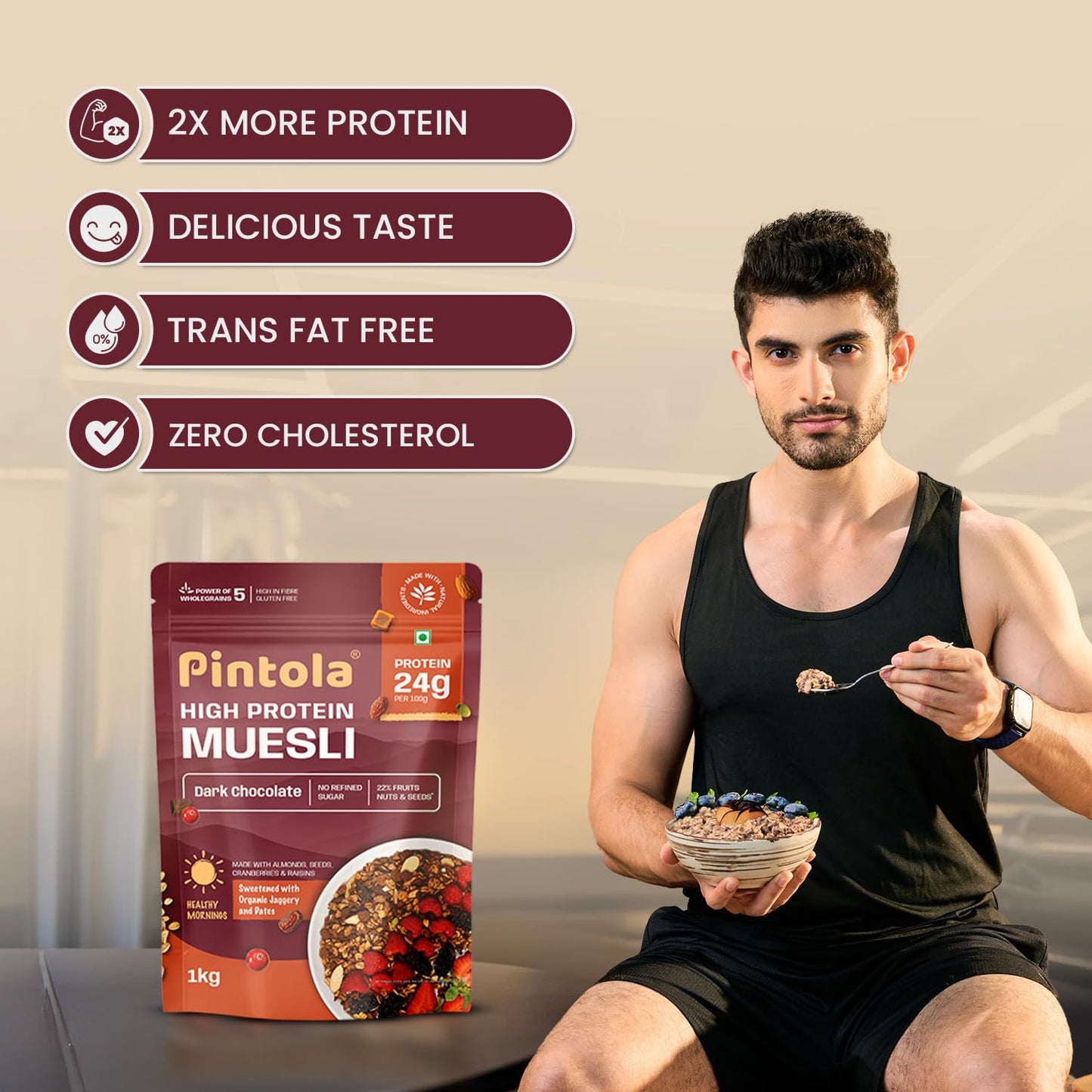 Pintola High Protein Muesli Dark Chocolate & Cranberry 1kg, 24g Protein