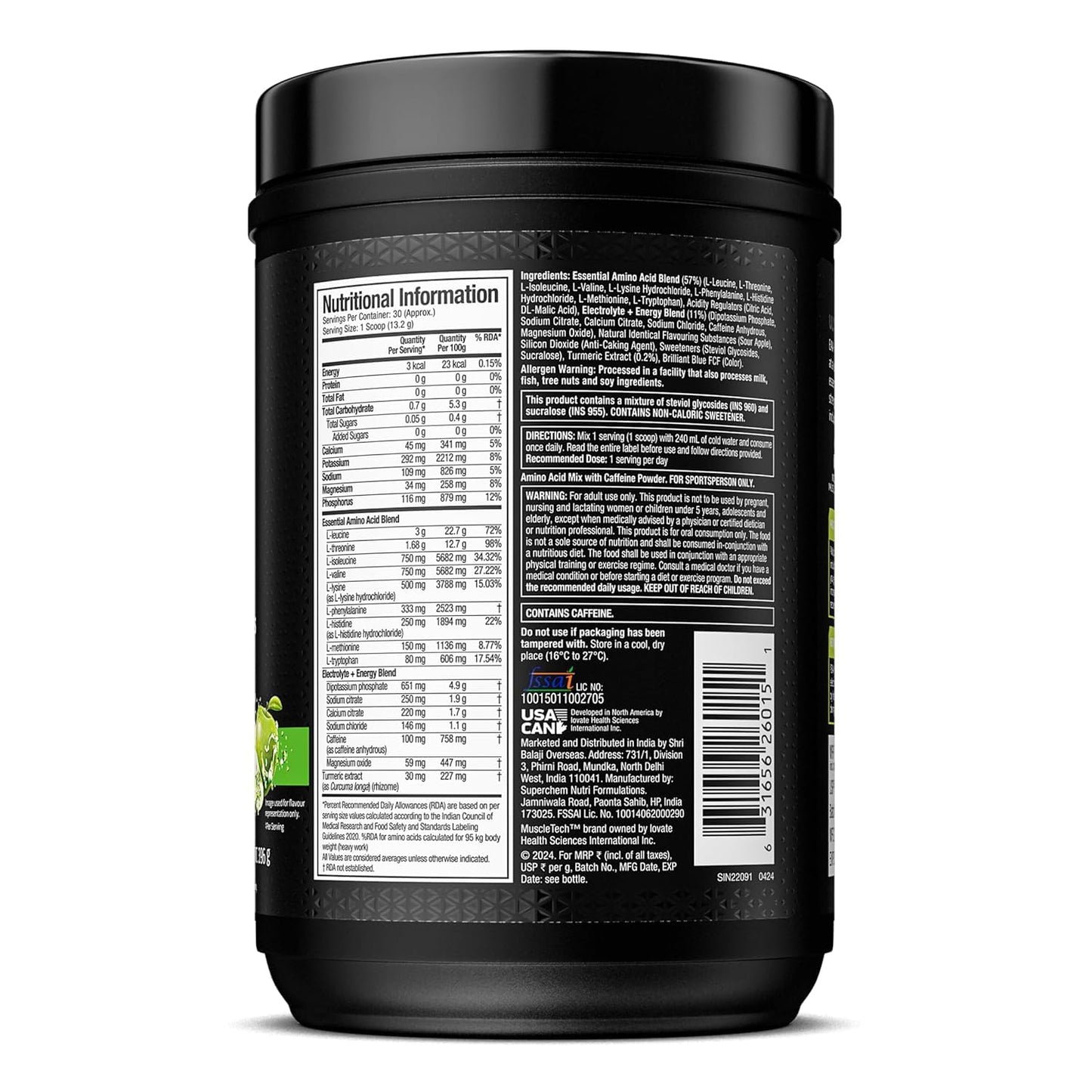 MuscleTech Eaa + Energy | Essential Amino Acids + 100Mg Caffeine | 30 Servings 396gm