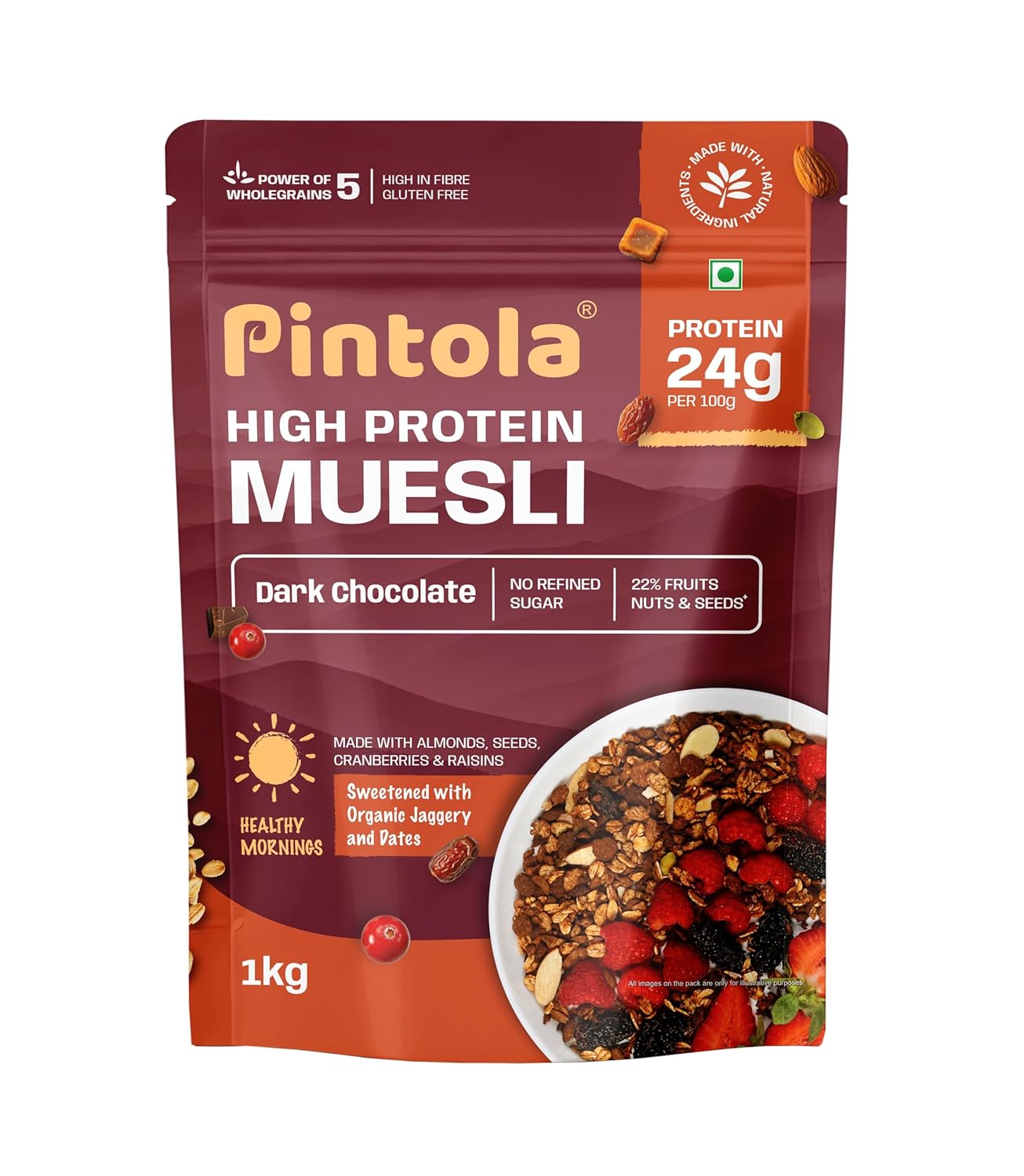 Pintola High Protein Muesli Dark Chocolate & Cranberry 1kg, 24g Protein