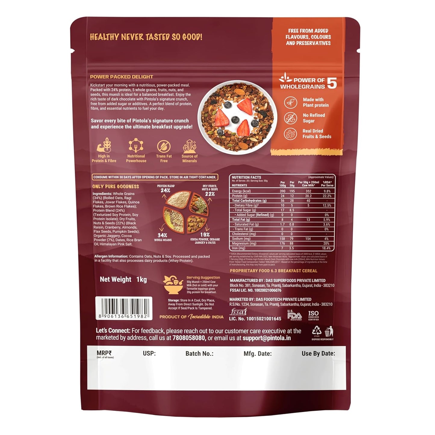 Pintola High Protein Muesli Dark Chocolate & Cranberry 1kg, 24g Protein